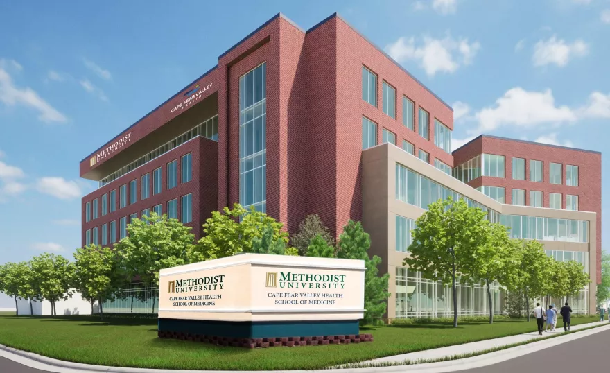 A rendering shows what a medical school on Village Drive that is in partnership between Cape Fear Valley Health and Methodist University will look like.