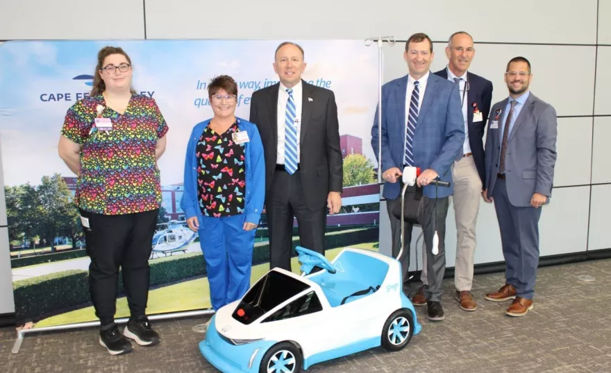 From left to right: Child Life Specialist Danielle Hansen, Michelle Smith, RN, BSN Patient Care Manager in Children's Center, CFVH CEO Michael Nagowski, Eason Bryan, president of Bryan Honda, Samuel Fleishman, MD CMO of CFVH, and Zachary (Zak) Wilkerson, Corporate Director of Patient Services at CFVH