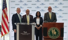 Officials with Cape Fear Valley Health System and Methodist University announced a partnership on a new medical school in a press conference on Monday, Feb. 27, 2023. From left are Mike Nagowski, Cape Fear Valley CEO; Dr. Rakesh Gupta, chairperson of the Methodist University Board of Trustees; Alicia Marks Flowers, chairperson of the Cape Fear Valley board; and Dr. Stanley T. Wearden, president of Methodist University. The event was held at he Thomas R. Mclean Health Sciences Building on the Methodist campu