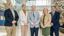 The Methodist University Cape Fear Valley Health School of Medicine senior leadership team stands in Methodist University's McLean Health Sciences Building (left to right): Scott Bullard (Chief of Staff), Dr. Stephanie Mann (Senior Associate Dean for Academic Affairs), Dr. Hershey Bell (Founding Dean), Dr. Kimberly Vess (Senior Associate Dean for Student Experience), and John Worth (Senior Associate Dean for Administration and Finance). Photo provided by: Methodist University.